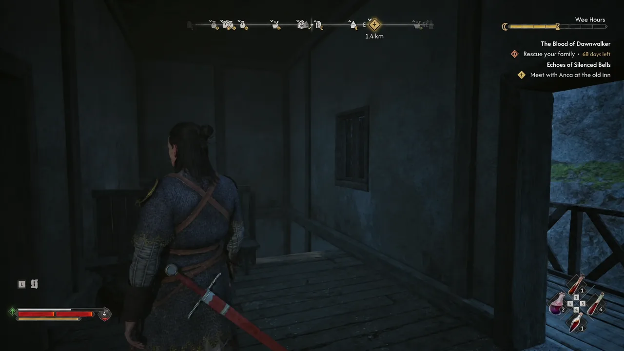 Player moving through a building interior with a distant objective waypoint marked at 1.4 kilometers