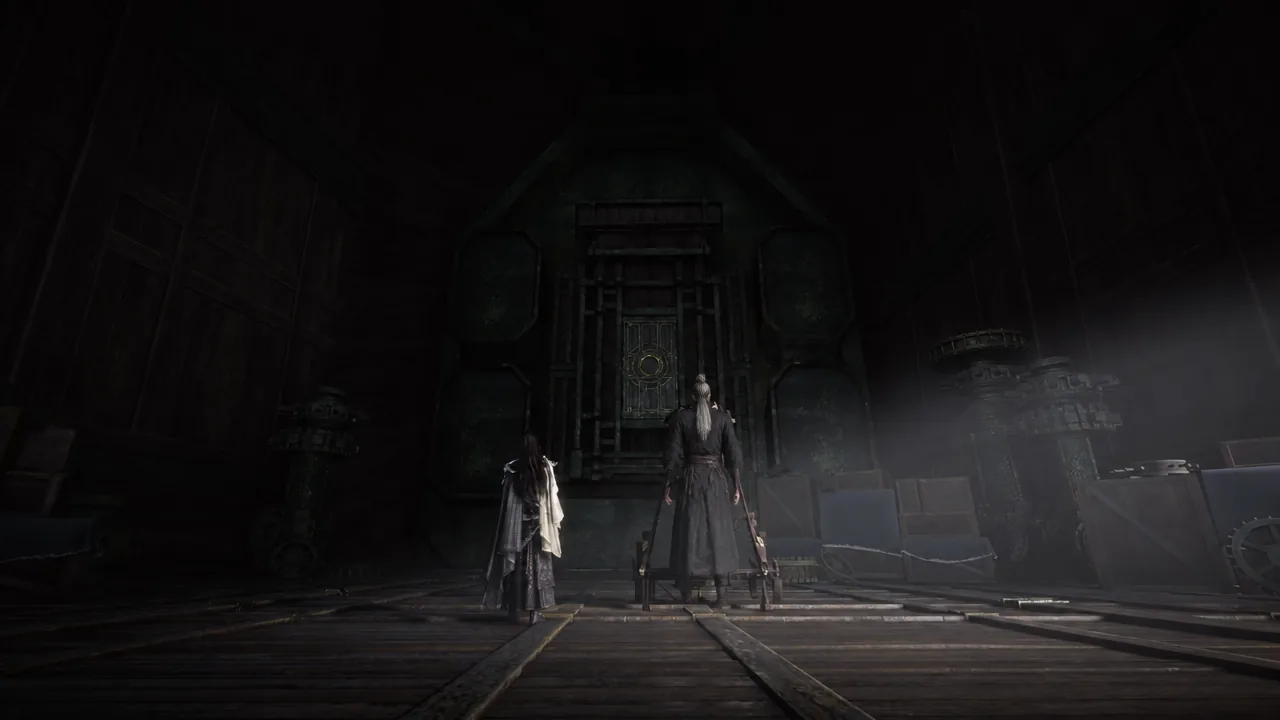 Qianyue intercepting Swallow and the Lodestar Swordmaster at the vault doors