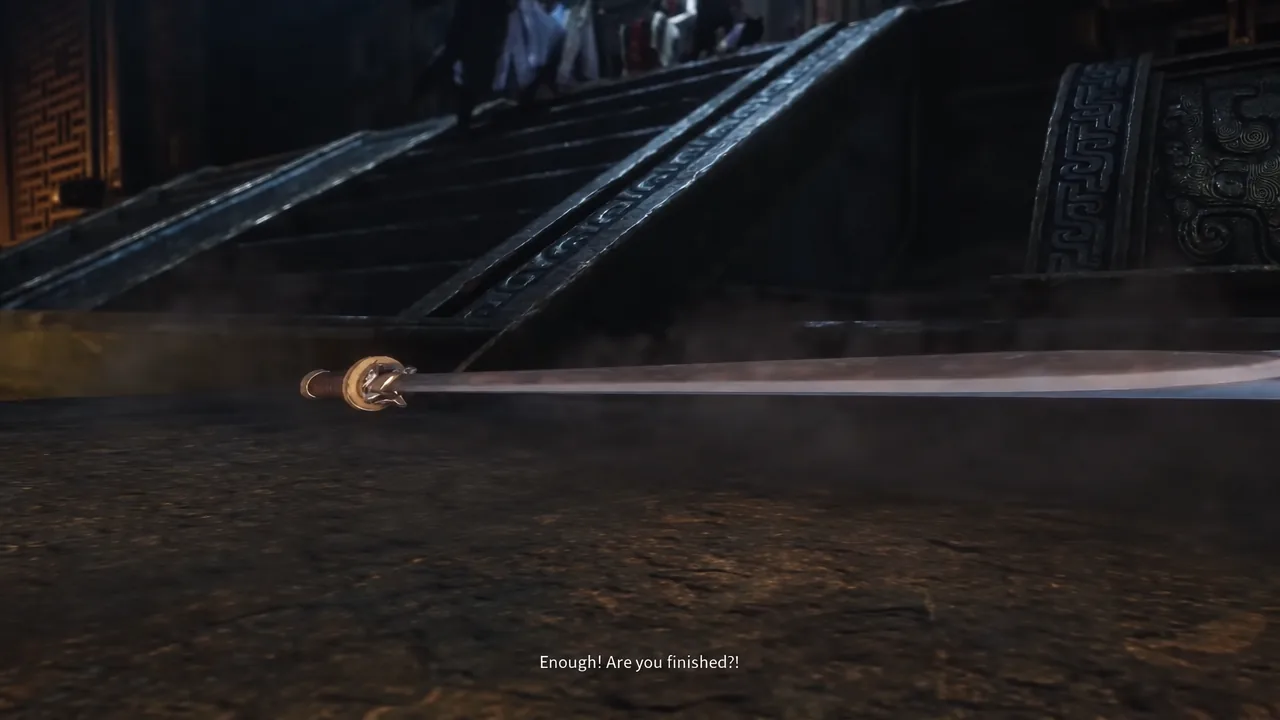 Cutscene close-up of a sword knocked to the floor with the subtitle 'Enough! Are you finished?!'