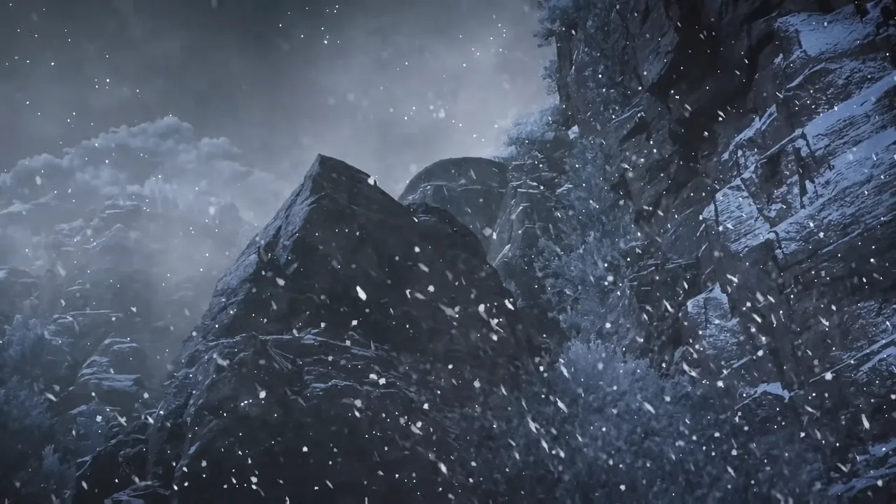 Snow falling over rocky mountain cliffs with refugee camps and fires below