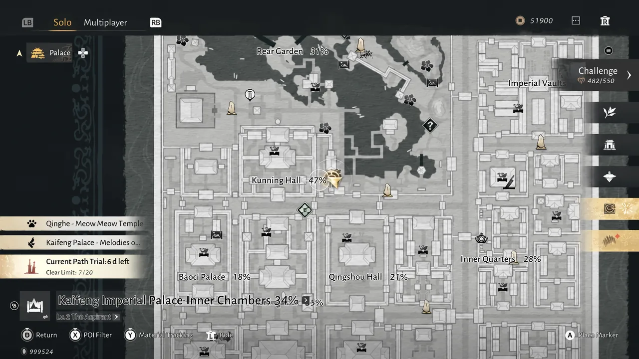 Map screen with a highlighted tracked entry showing exploration progress