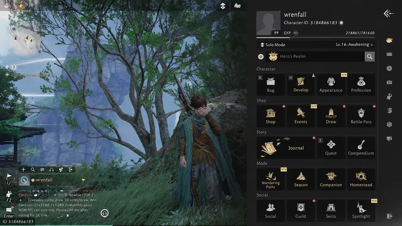 The player character standing in the open world before opening the Develop menu