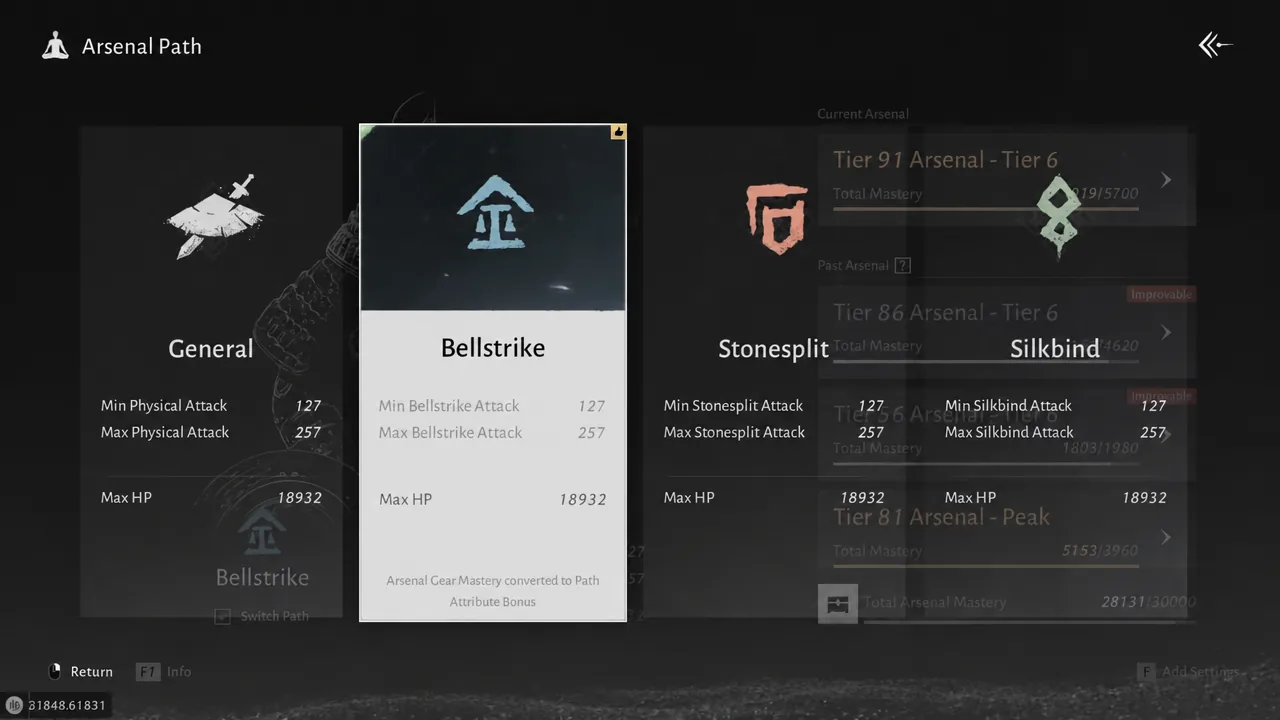 Arsenal Path selection screen with the Bellstrike card highlighted