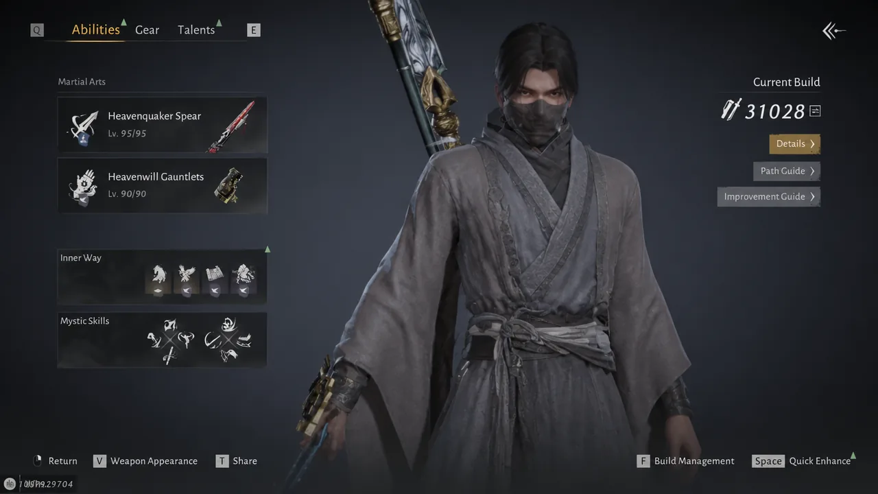Abilities screen with the Details button highlighted, showing equipped martial arts and talents
