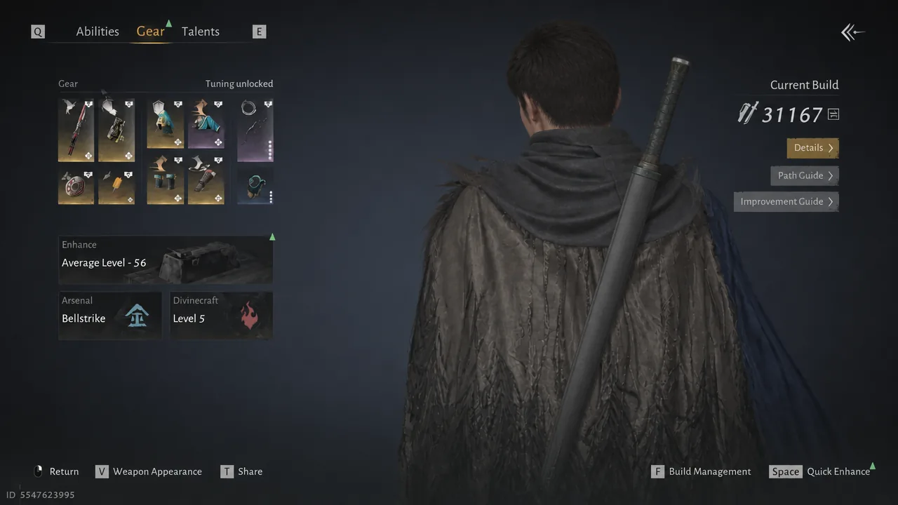 Gear menu open showing equipped items, average level, and current build