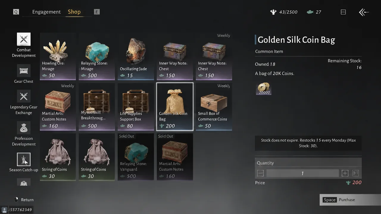 Shop screen with Golden Silk Coin Bag selected and quantity controls visible