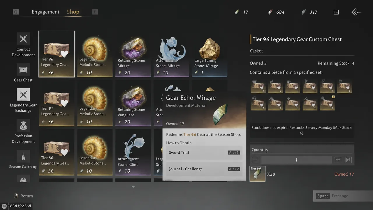Legendary Gear Exchange tab with a Tier 96 Legendary Gear Custom Chest selected and its contents listed