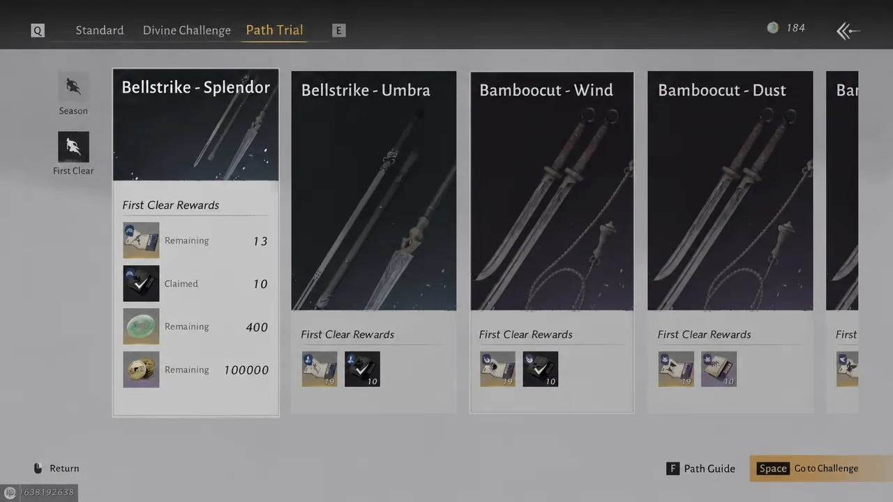 Path Trial list with Bellstrike - Splendor highlighted and its first clear rewards displayed