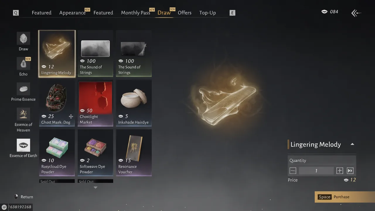 Draw menu with a Lingering Melody selected, quantity and purchase controls visible