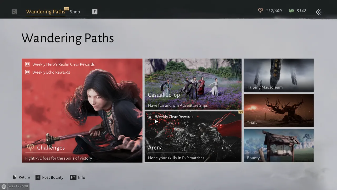 Wandering Paths screen with the Arena tile highlighted and ready to select