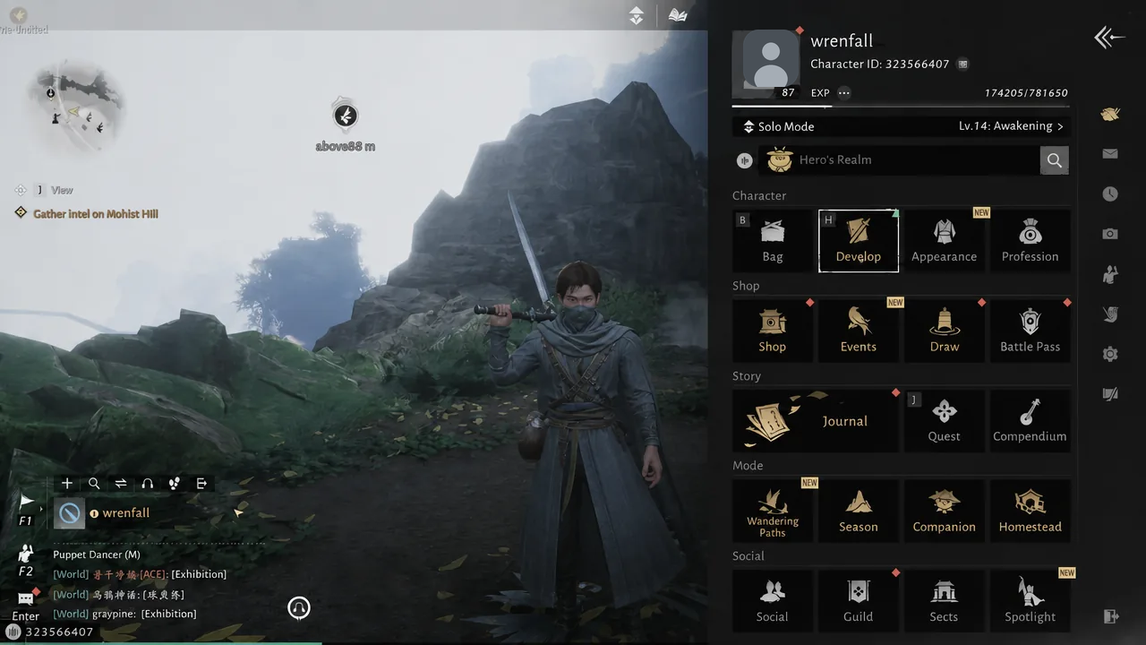 Character menu open in the game world with the Develop tab highlighted