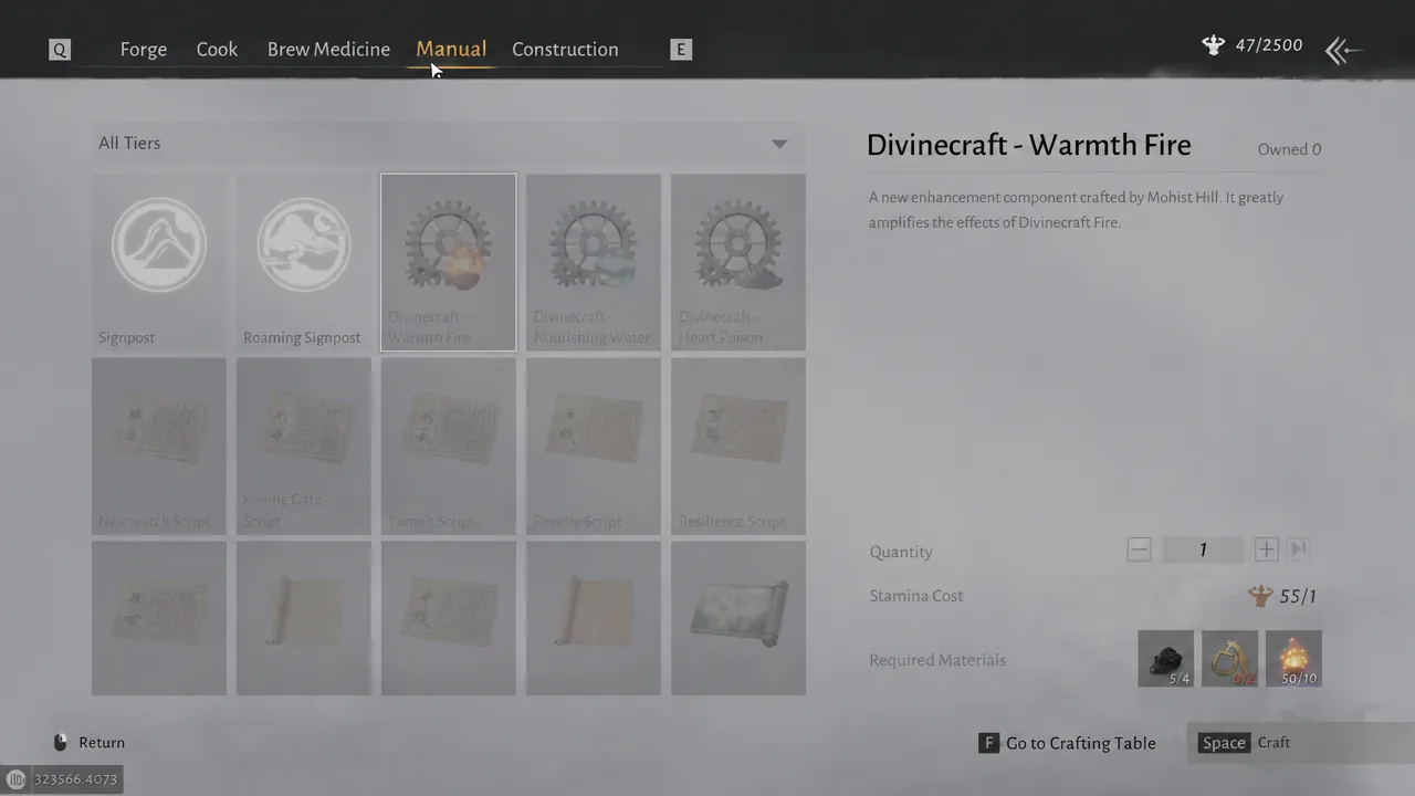 Manual menu showing the Divinecraft - Warmth Fire entry with its material list and Craft button