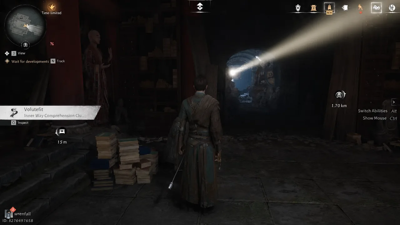 Volutefit highlighted in-game with the inspect prompt showing as the character stands in front of it