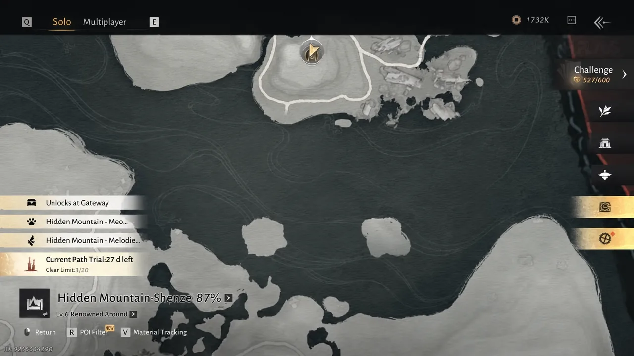 World map screen with Material Tracking highlighted and regional exploration progress on display.
