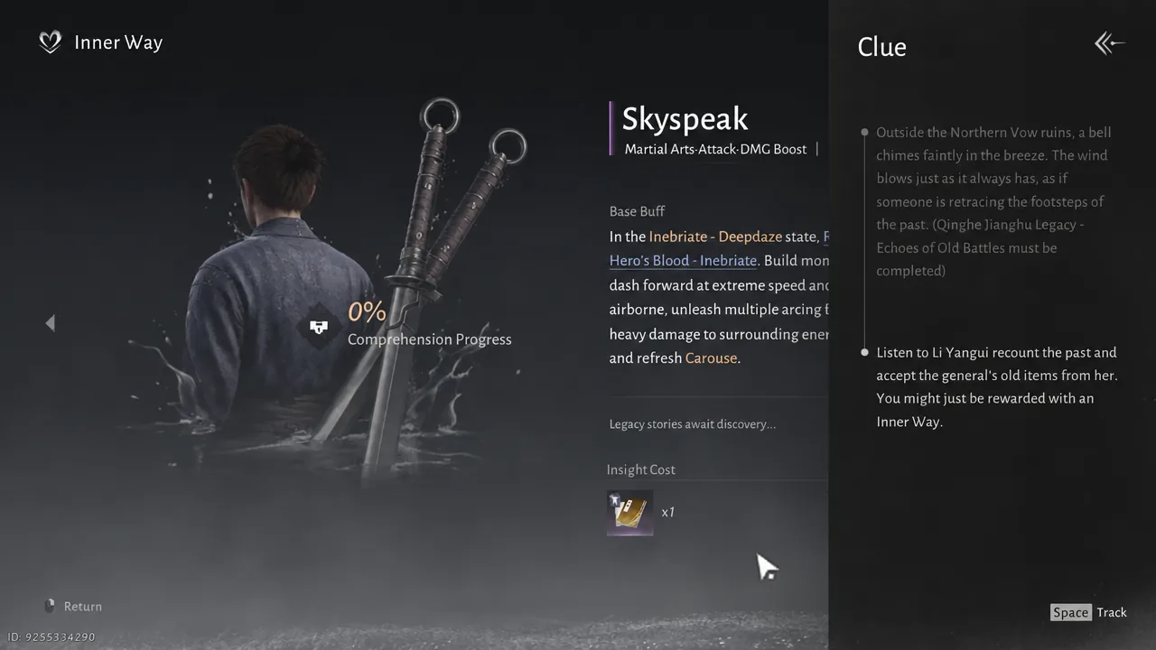 Inner Way screen with the Skyspeak insight selected, showing its clue text and 0% comprehension.
