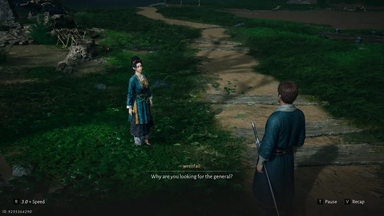 Dialogue scene between two characters with the subtitle asking why you are looking for the general.