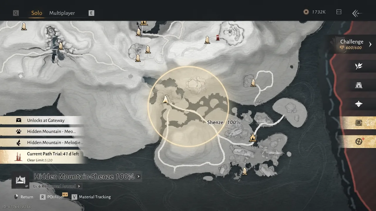 Hidden Mountain map with the Shenze area selected and its exploration progress on screen