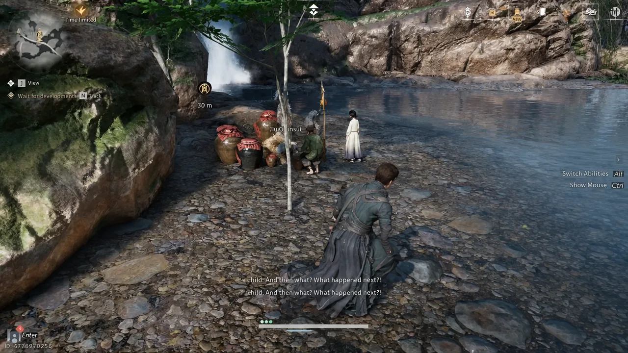 Wait for developments objective on screen as the player stands beside NPCs during dialogue