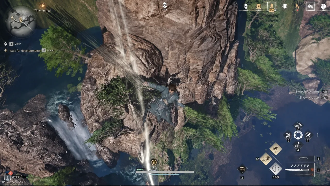 Character scaling a cliff face along a highlighted climbing route in Hidden Mountain