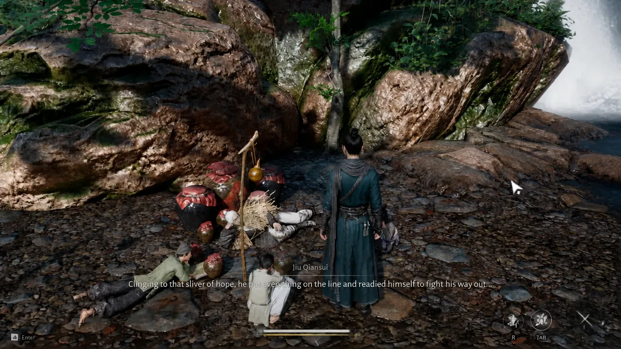 Jiu Qiansui standing over fallen fighters as subtitles narrate his escape