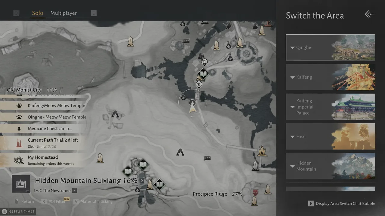 Switch the Area menu on the world map with the Qinghe area option highlighted