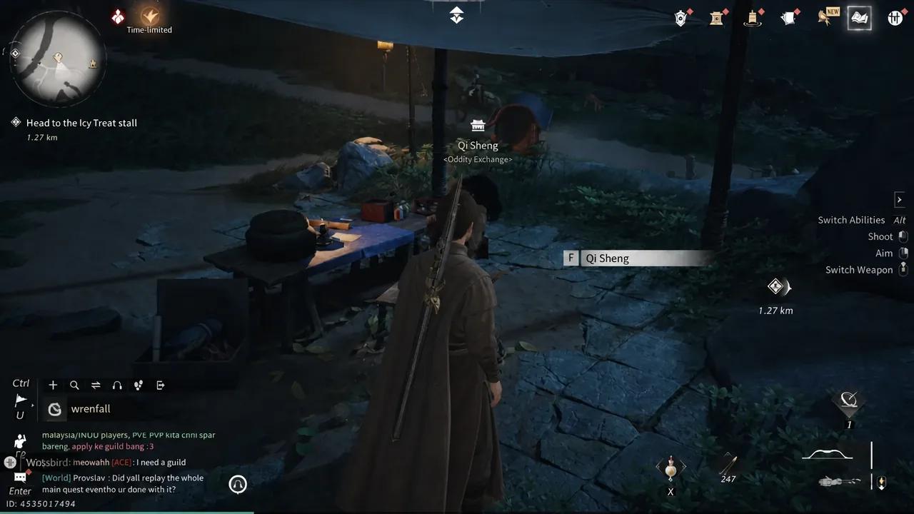 Player approaching Qi Sheng in Qinghe with the F interaction prompt highlighted