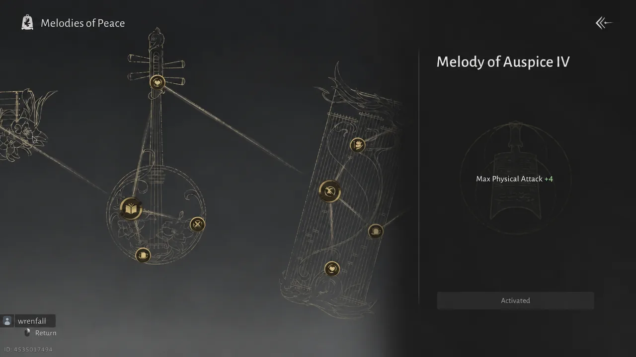 Melodies of Peace tree with a node selected and its stat effect shown on the right