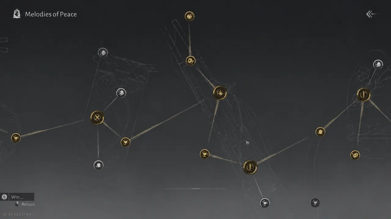 Connected node map on the Melodies of Peace screen with the central crown-icon node highlighted