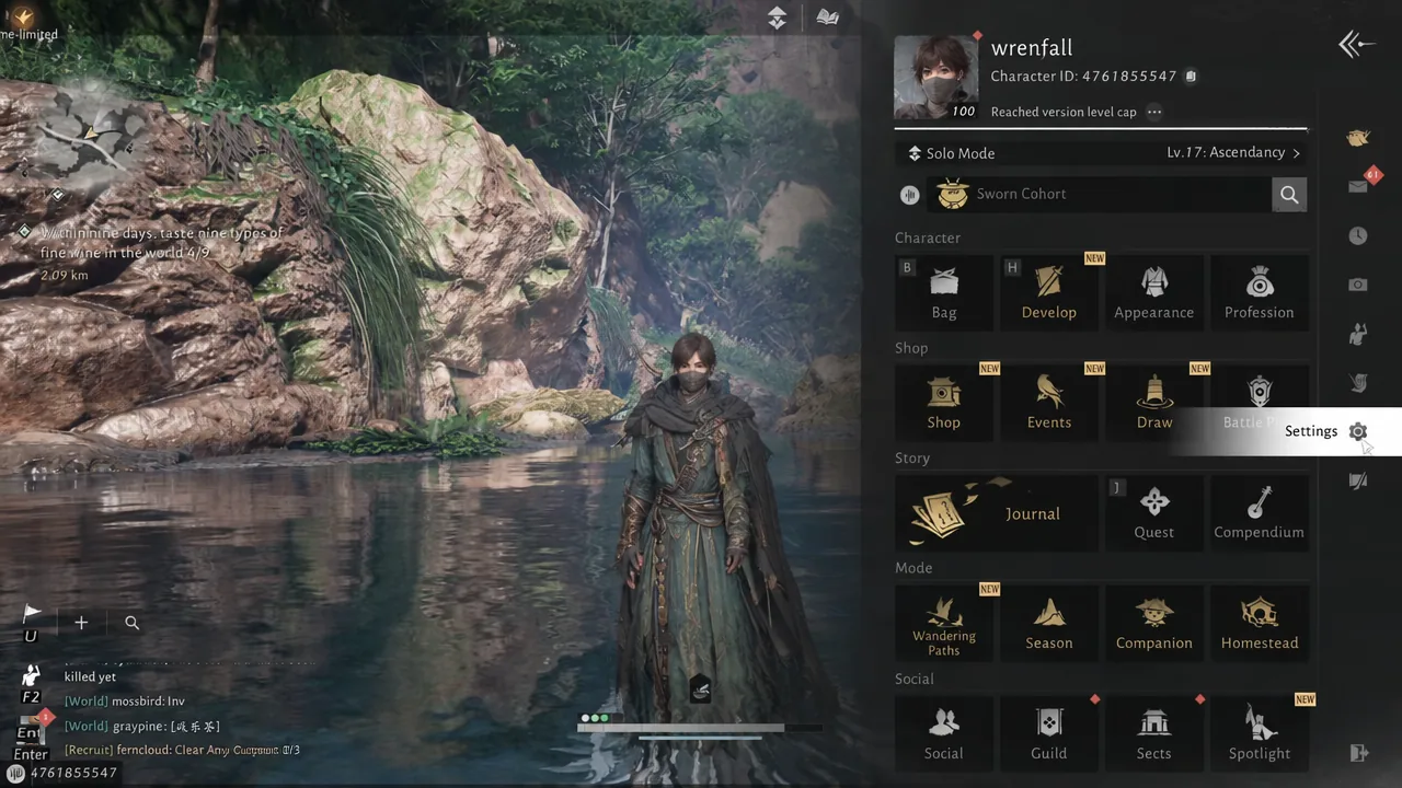 Where Winds Meet main menu with the Settings button highlighted on the right