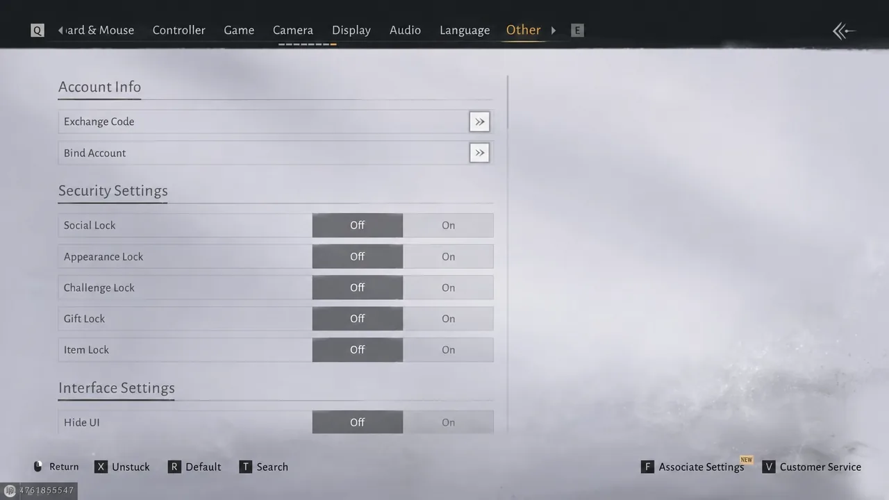 The Other tab in Where Winds Meet settings showing Security Settings toggles switched off