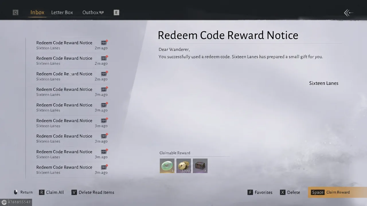 Where Winds Meet inbox showing a reward notice with the Space claim prompt highlighted