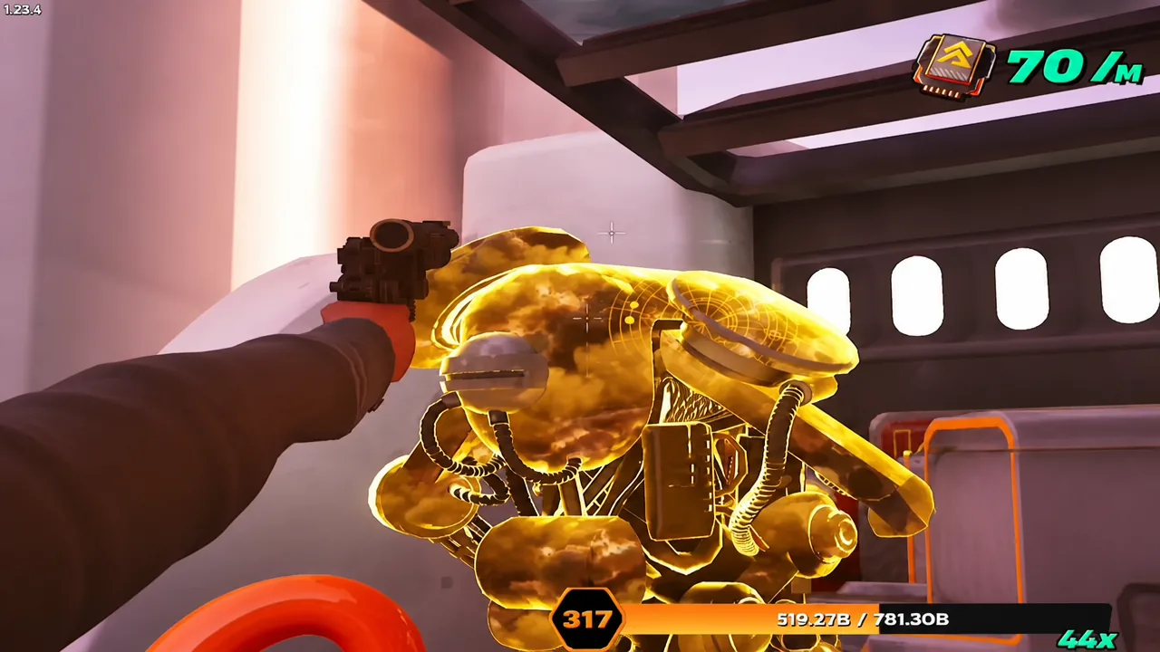 Player aiming a blaster at a glowing golden droid enemy in Droid Tycoon with the combat HUD on screen