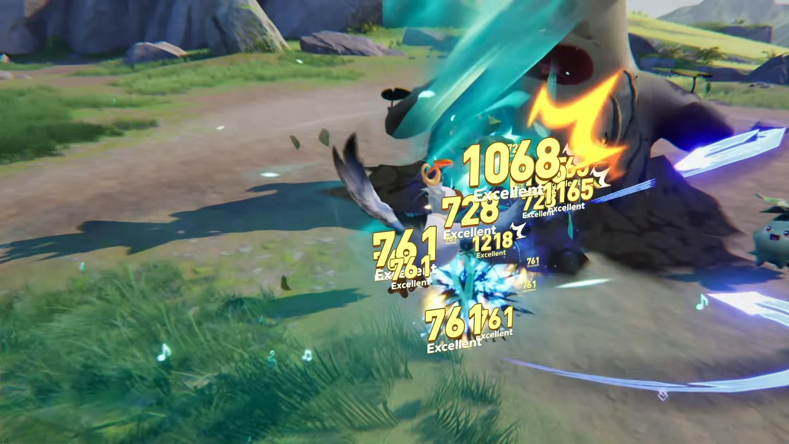 Character hitting a large horned enemy with Excellent damage numbers popping up