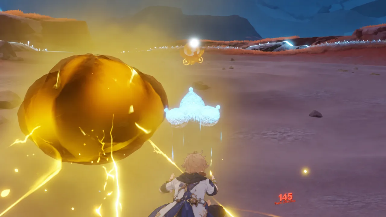 Player landing a Super Effective electric orb hit on a glowing enemy