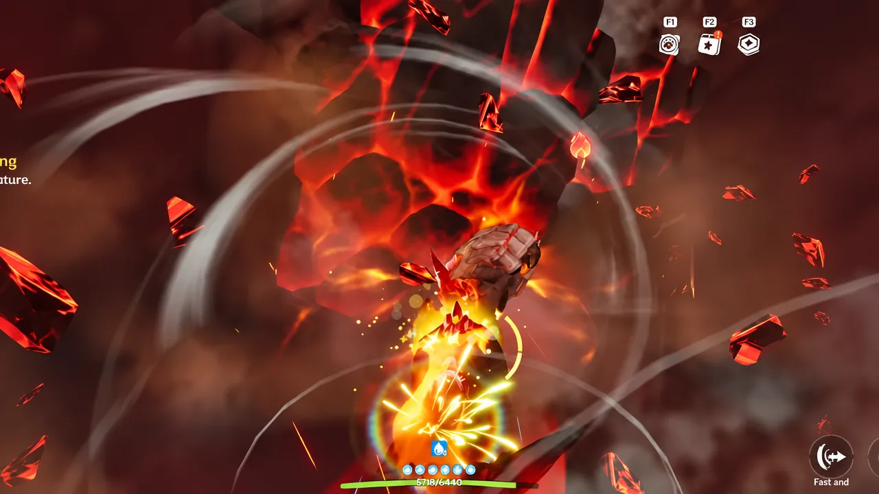Player character attacking a fiery enemy in open combat