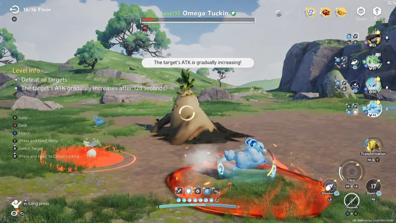 Floor 16/16 encounter against Omega Tuckin as the enemy's attack stat climbs