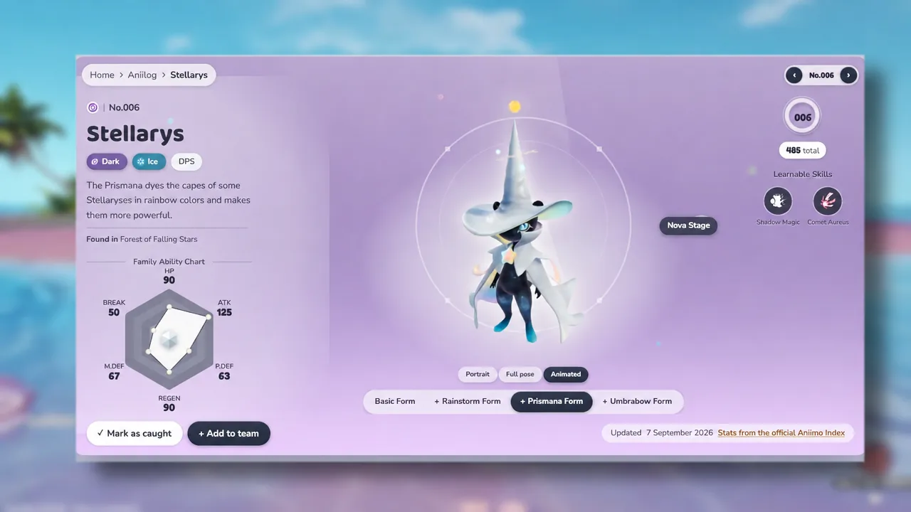 Stellarys detail screen with the Prisma Form tab open showing the animated rare form