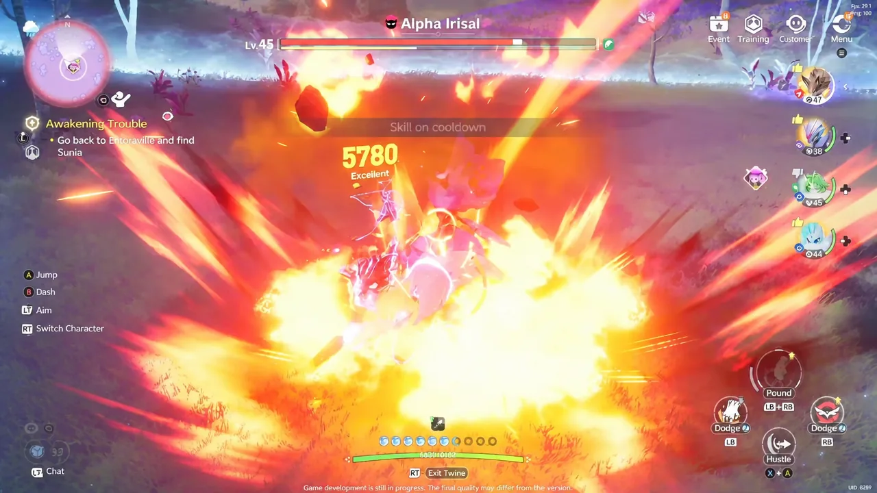 Alpha Irisal boss fight with a skill on cooldown warning shown during the attack