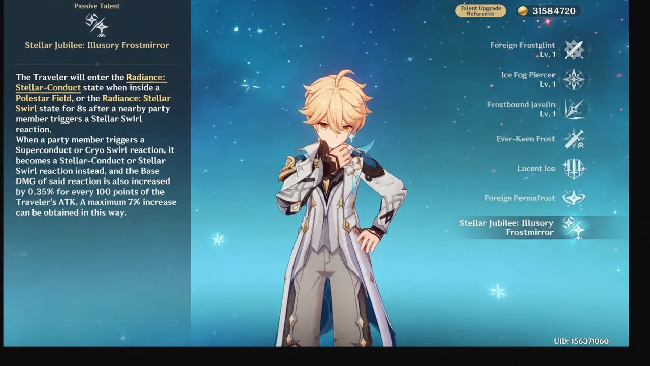Traveler passive talent screen with Stellar Jubilee: Illusory Frostmirror selected and its description open
