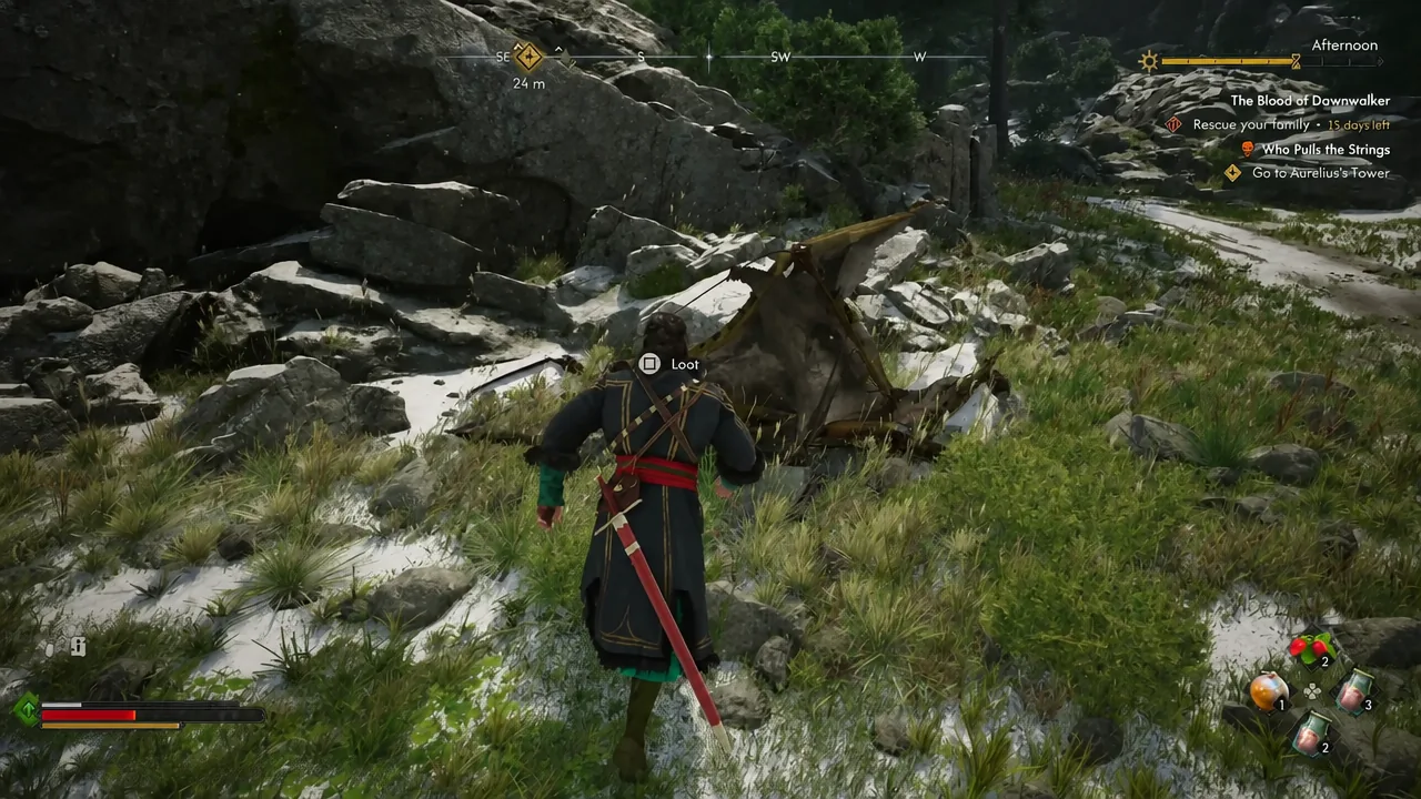 Square-button Loot prompt highlighted over the camp outside Aurelius's Tower