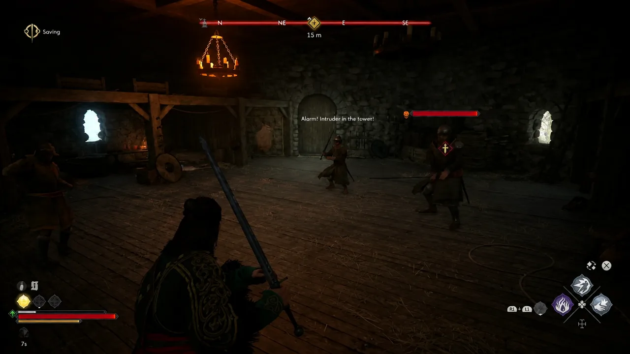 Coen fighting several soldiers inside the tower with an alarm warning on screen