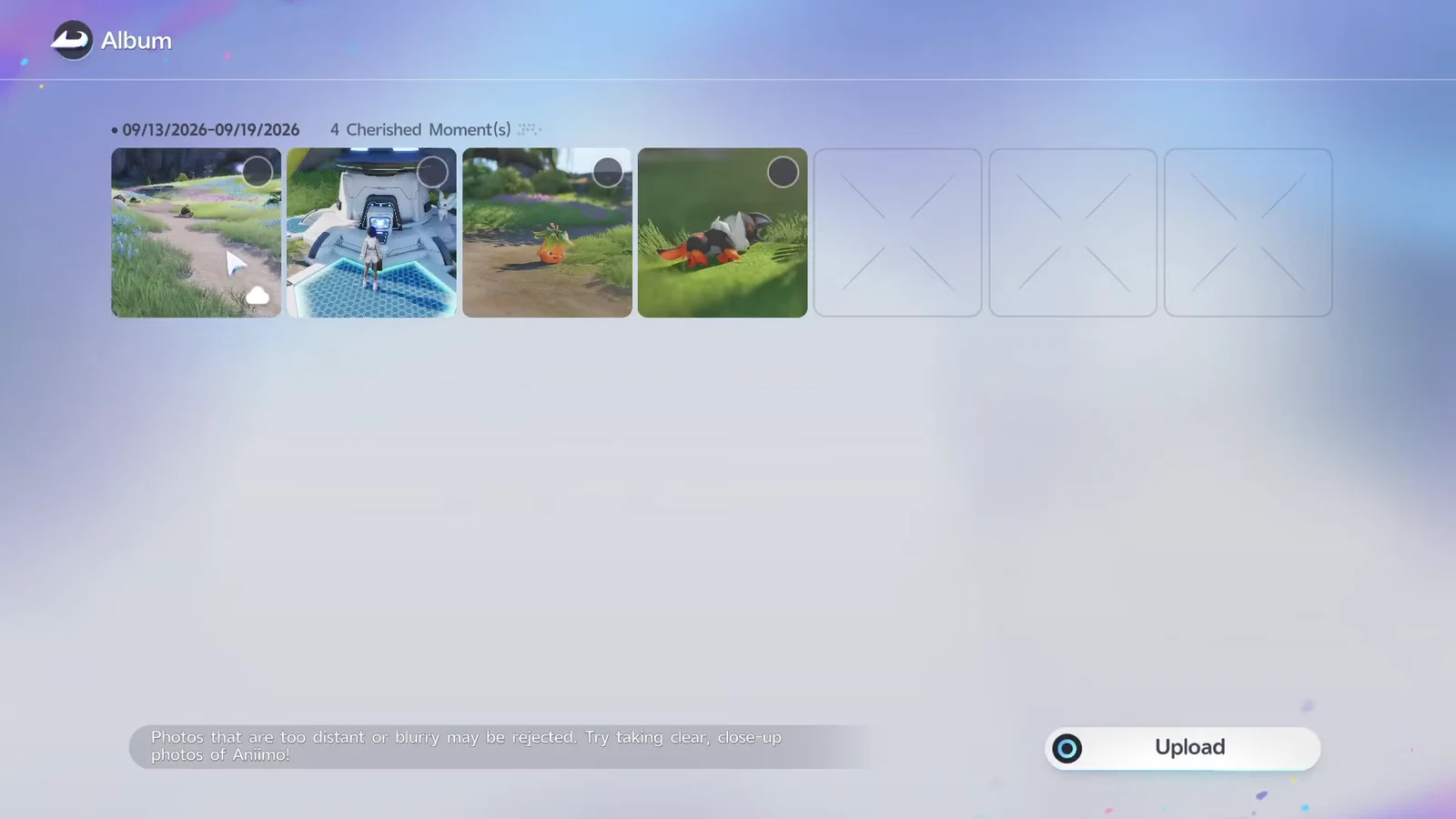 Album screen listing saved Cherished Moment photos with the Upload button ready