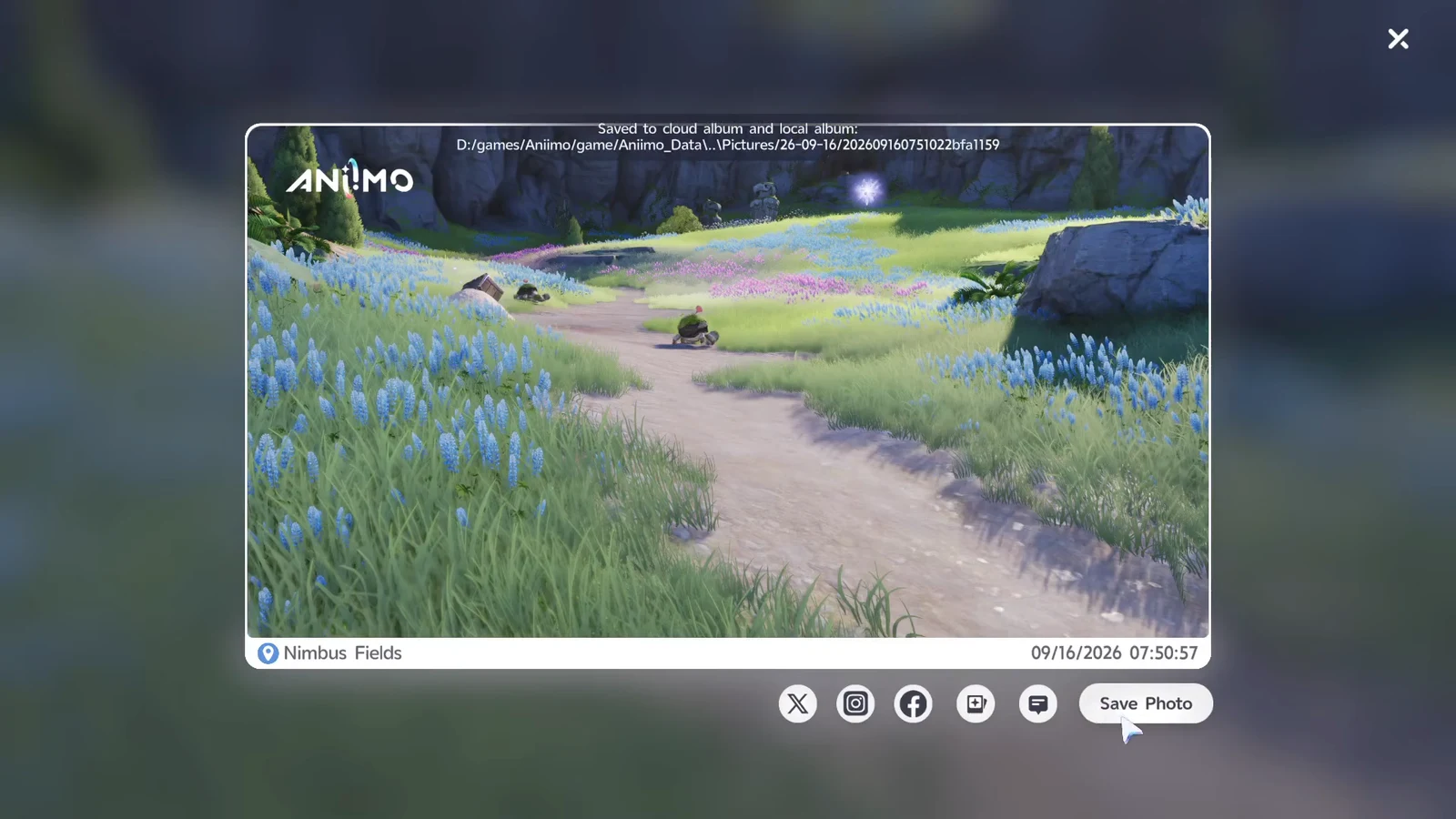 Photo viewer showing a Nimbus Fields capture with Save Photo highlighted