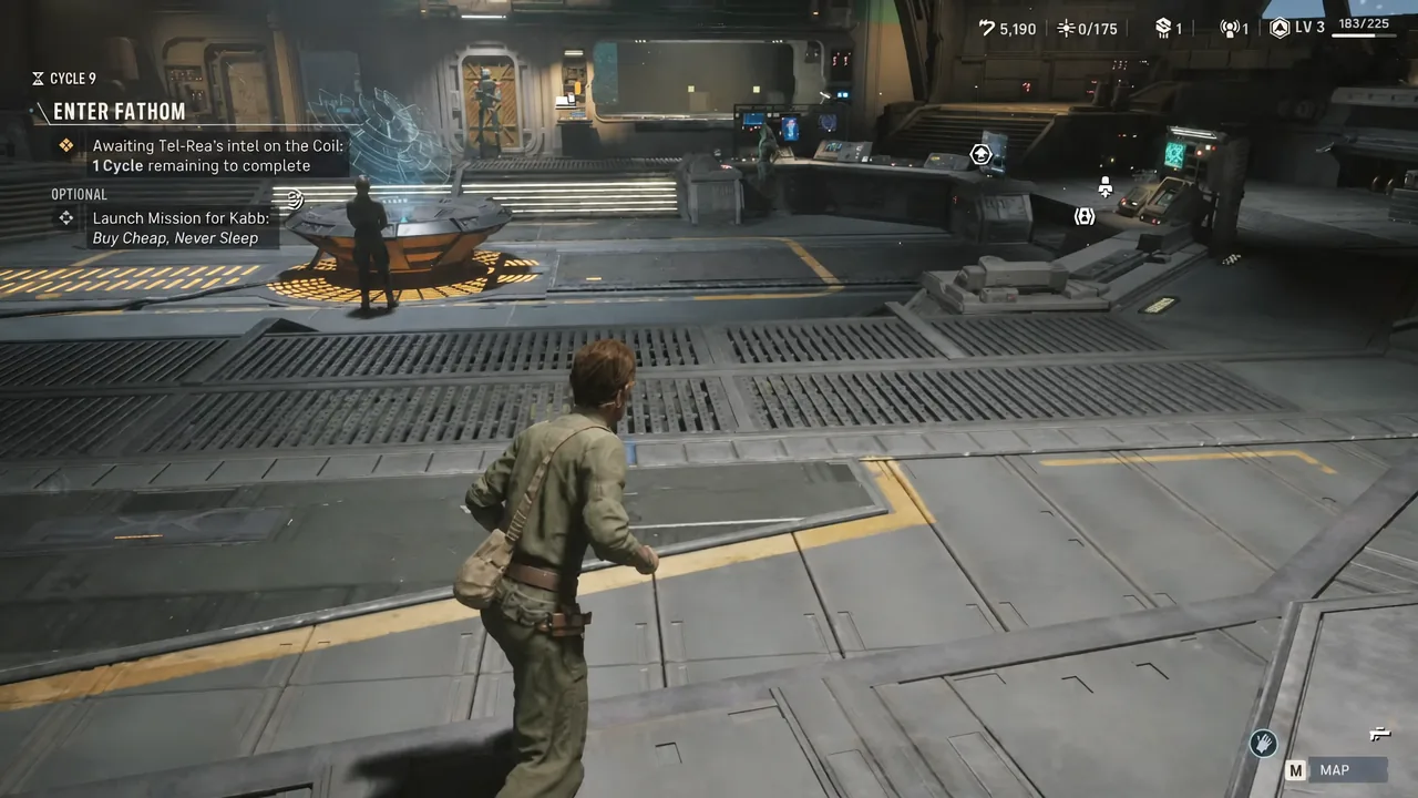 Mission hub with the ENTER FATHOM objective active and a note about awaiting Tel-Rea's intel
