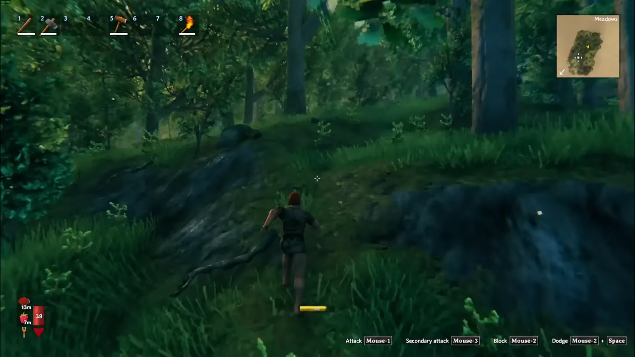 First-person view moving through dense trees with the combat HUD and stamina bar visible