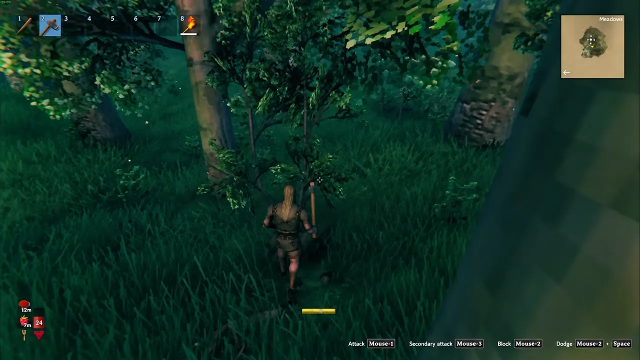 Viking standing in the sunlit Meadows with the stone axe selected in hotbar slot 2