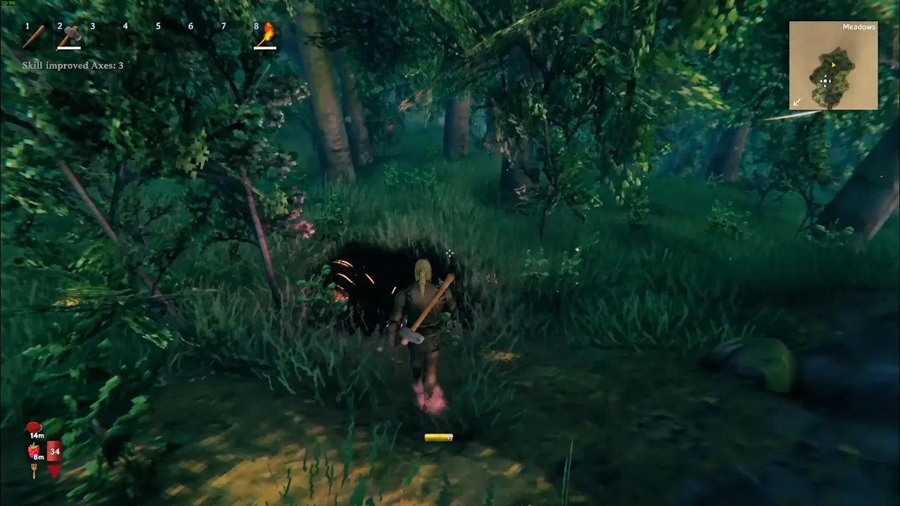 Player chopping with an axe equipped in hotbar slot 2 to gather wood