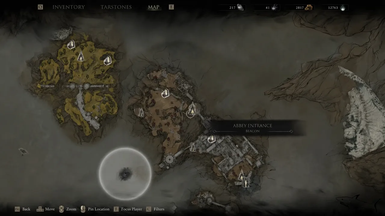 Mortal Shell 2 map screen with the Abbey Entrance Beacon selected on the route east