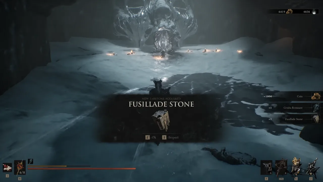 The New Tarstone Acquired prompt showing the Fusillade Stone after the Caged Grisha fight