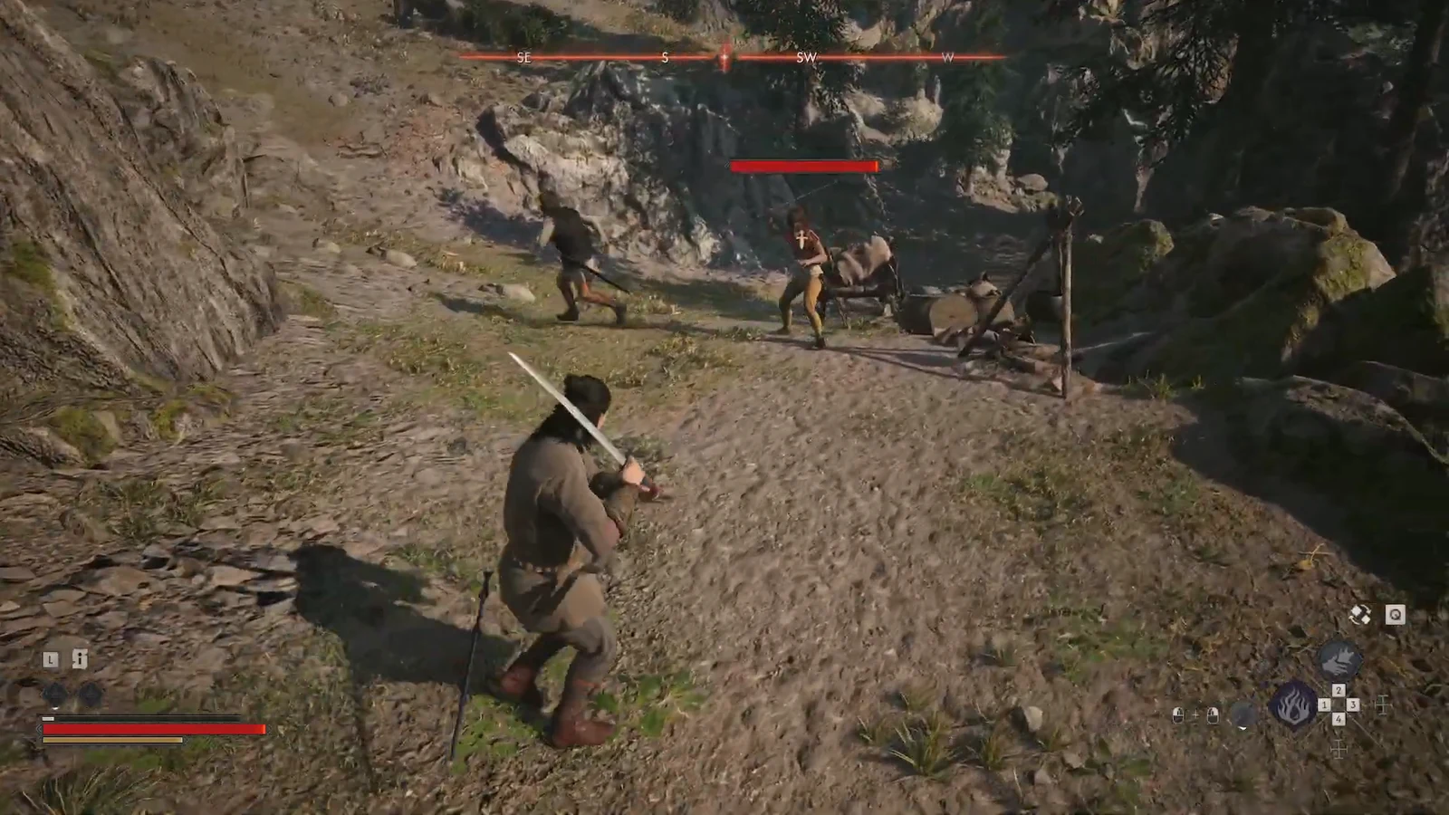 Coen fights two bandits with a sword on a rocky forest path